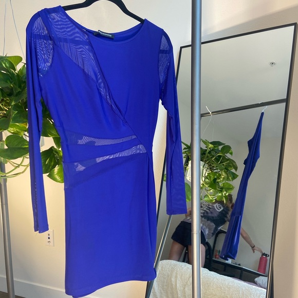 Indigo mesh cut out A-Symmetrical body con dress - Foreign Exchange - Picture 2 of 5